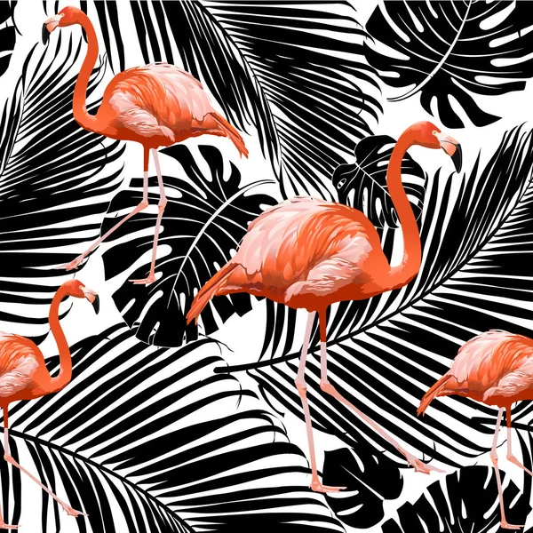 Palmiye ağacının siluetleri ile Seamless flamingo modeli siyah beyaz zemin üzerine bırakır.. 