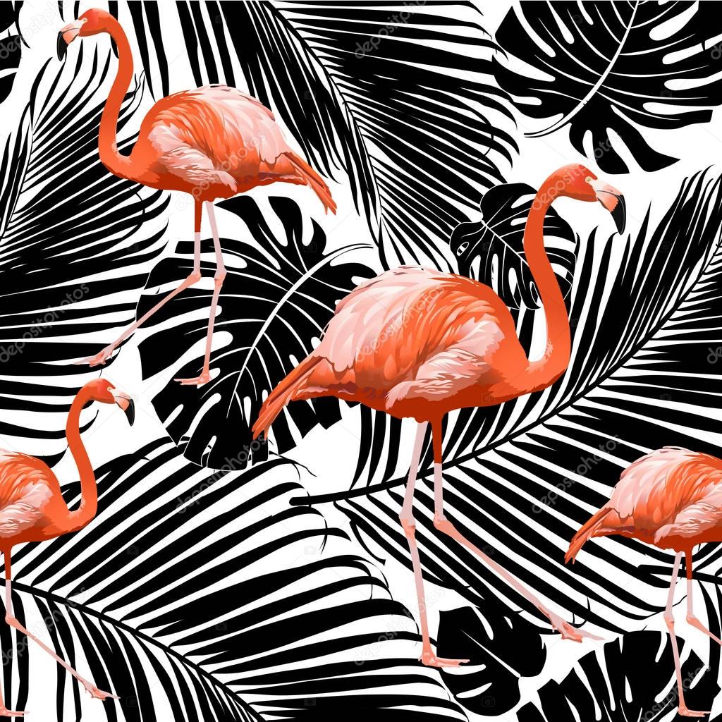 Seamless flamingo pattern with silhouettes of palm tree leaves in black on white background. 