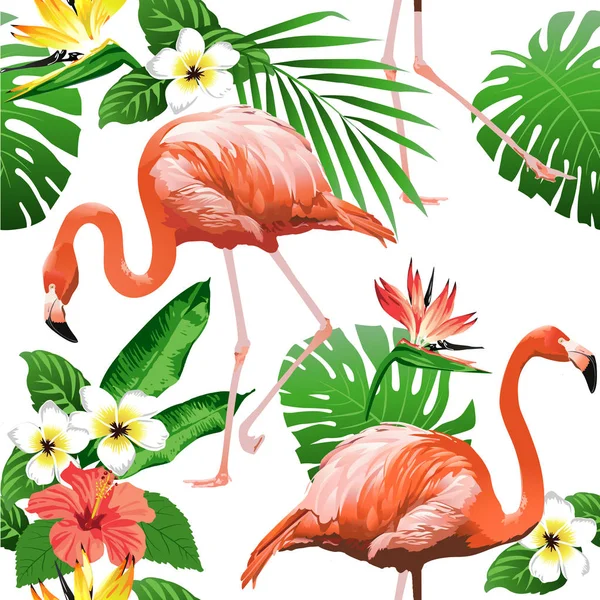 Flamingo Pájaro y Flores Tropicales Fondo - Vector de patrón inconsútil — Vector de stock