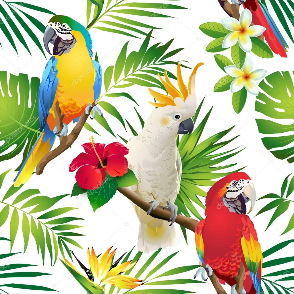 Seamless pattern of parrots cockatoo on the tropical branches with leaves and flowers on dark. Hand drawn vector