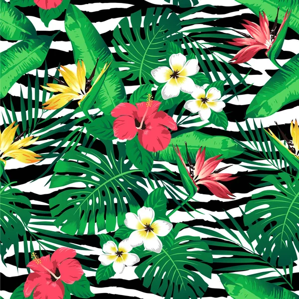 Tropische bloemen en bladeren op zebra gestreepte achtergrond. Naadloze. Vector. — Stockvector
