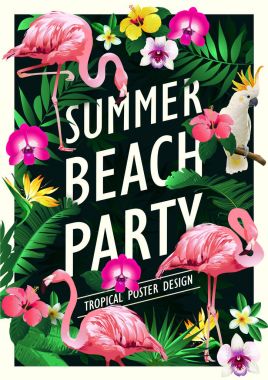 Yaz plaj partisi poster tasarım şablonu palmiye ağaçları, afiş tropikal arka plan ile. Vektör çizim. 