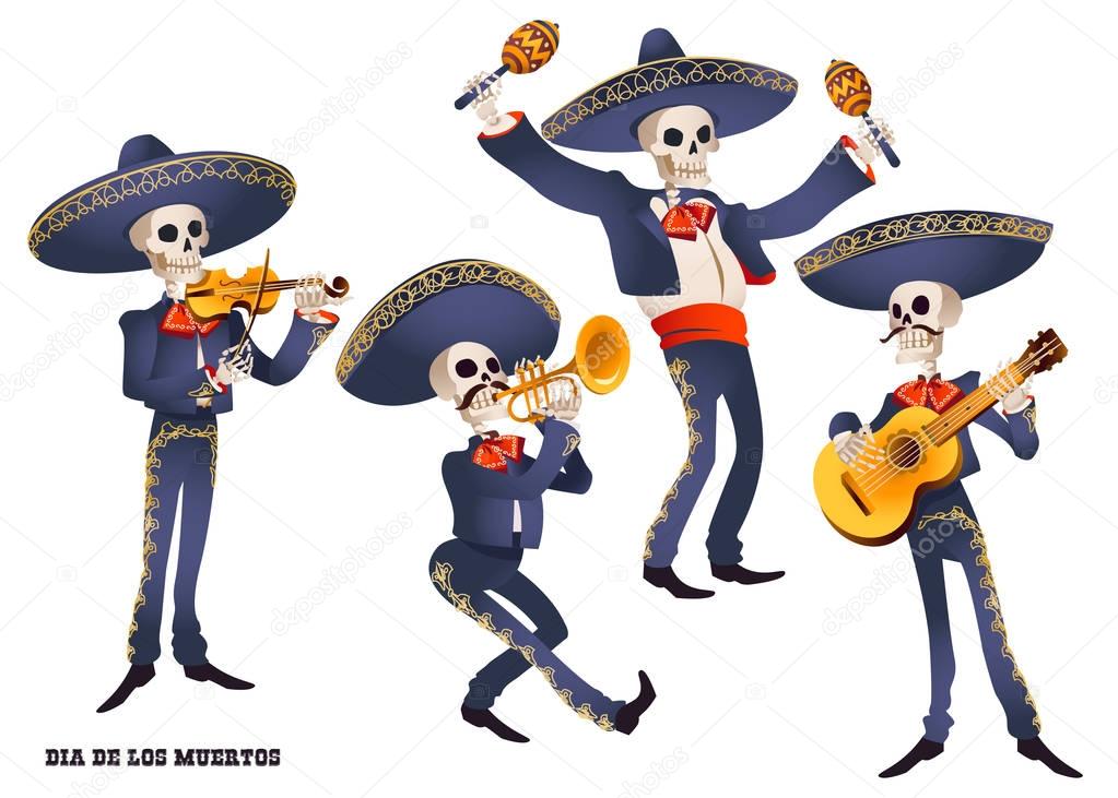 Dia de Muertos. Mariachi band musician of skeletons. Mexican tradition. Vector illustration.