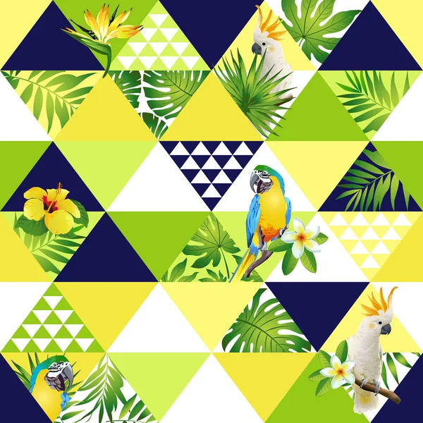 エキゾチックなビーチのトレンディなシームレスなパターンは、パッチワークには、花のベクトル熱帯のバナナの葉が示されています。ジャングル オウム オウムの壁紙印刷背景モザイク — ストックベクタ