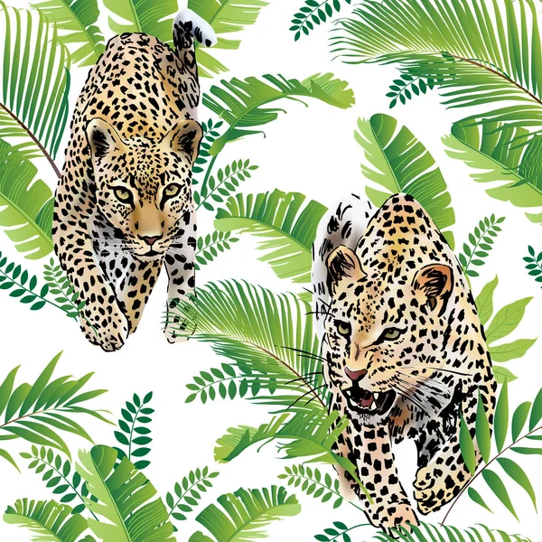 Leopards feuilles de palmier aquarelle tropicale dans la jungle fond sans couture — Image vectorielle