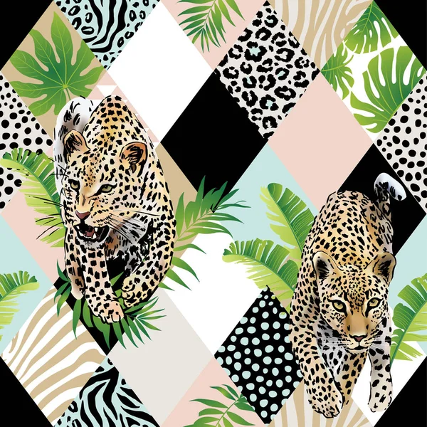 Tropische Palmenblätter und exotischer Leopardenhintergrund. nahtloses Vektormuster mit Dschungelblättern im trendigen Stil. — Stockvektor
