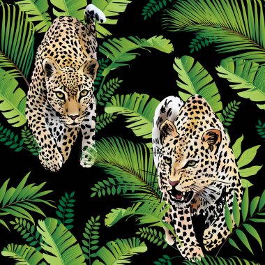 Leopar palm tropikal suluboya orman sorunsuz arka planda kalıyor.