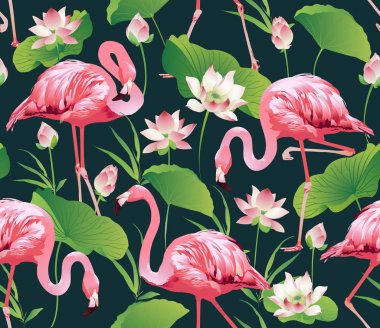 Flamingo Bird ve tropik çiçekler arka plan - Dikişsiz desen vektör
