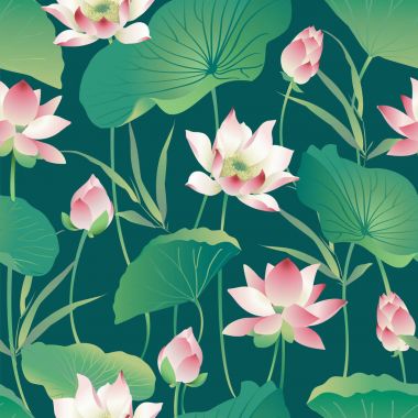 Vektör seamless modeli lotus çiçek ve yaprakları. Suluboya.