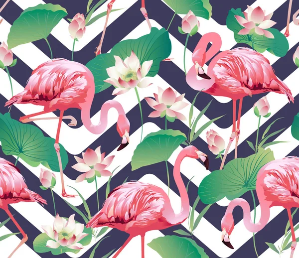 Flamingo Bird and Tropical Flowers Background - Seamless pattern vector — Stock Vector