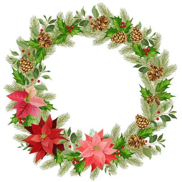 Corona de Navidad de poinsettia roja y hojas. Lugar para tu mensaje. Ilustración vectorial acuarela . — Vector de stock