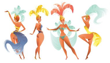 Brezilya samba dansçılar kümesi. Rio de Janeiro kızlar vektör karnaval bir festival kostüm dans ediyor.