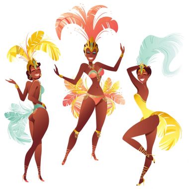 Set of Brazilian samba dancers. Vector carnival girls wearing a festival costume is dancing. clipart