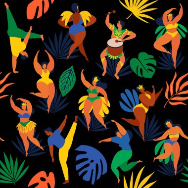 Vektör çizim retro düz stil karnaval kızlar, kadın ve erkek genç insanlar. Dikişsiz desen Brezilya samba dansçılar, capoeira, davulcu. Tasarım tropic parlak yaprakları.