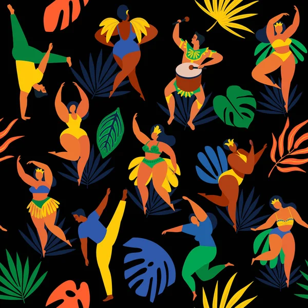 Εικονογράφηση διάνυσμα σε ρετρό στυλ επίπεδη Καρναβάλι κορίτσια, γυναίκες και άνδρες νέους ανθρώπους. Χωρίς ραφή πρότυπο βραζιλιάνικη σάμπα χορευτές, capoeira, ντράμερ. Σχεδιασμός tropic φωτεινά φύλλα. — Διανυσματικό Αρχείο