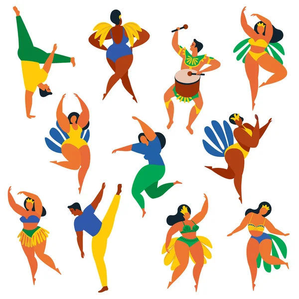 Illustrazione vettoriale in stile retrò piatto carnevale ragazze, donne e uomini giovani. Uno stile di vita sano. Set di ballerini brasiliani di samba, capoeira, batterista. Elemento di design in colori vivaci con texture . — Vettoriale Stock