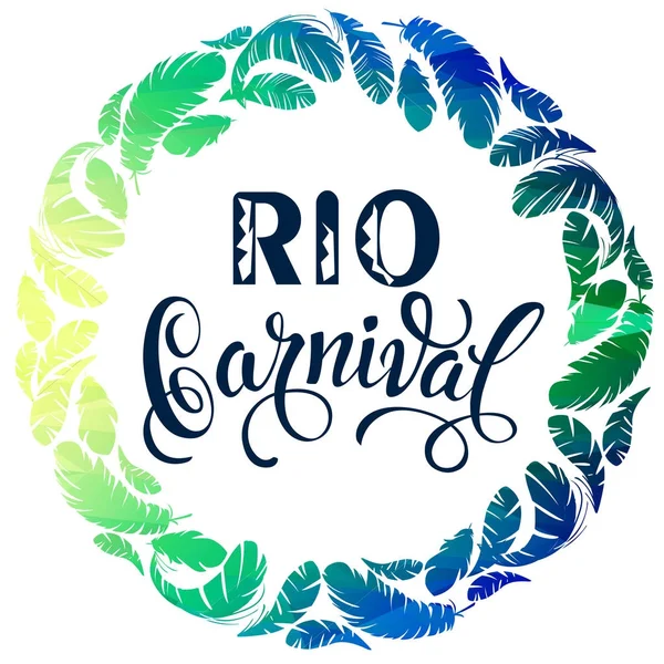 Rio Karneval. Schriftzug Design mit Federrahmen. Vektorillustration. — Stockvektor