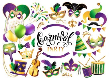 Mardi Gras Fransızca geleneksel semboller collection - karnaval maske, parti süslemeleri. Beyaz arka plan üzerinde izole vektör çizim.