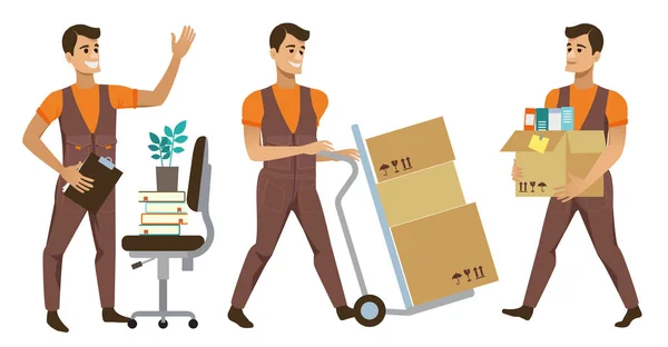 Diferentes trabajadores y clientes de servicios de entrega, mensajeros sonrientes entregando paquetes y mudanzas trayendo un conjunto de ilustraciones — Vector de stock