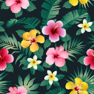 Tropikal çiçek ve yaprakları koyu gri arka plan üzerinde. Sorunsuz pattren. Vektör