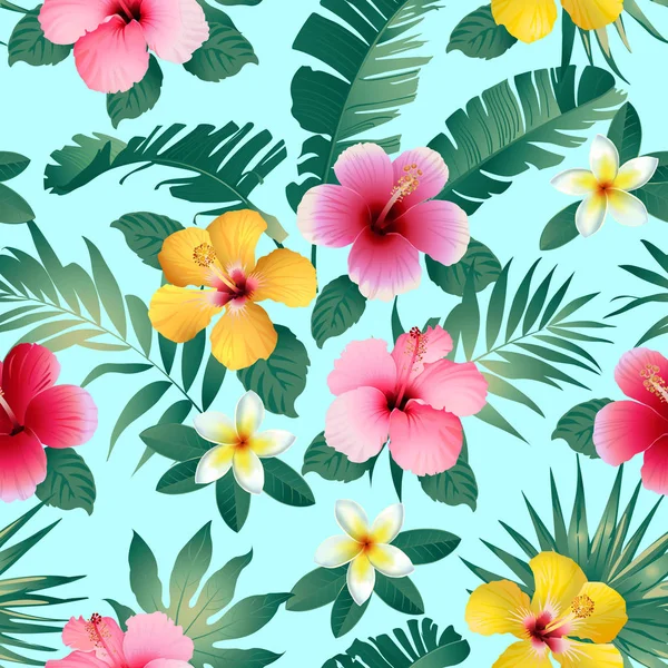 Tropical Flowers Leaves Green Background Seamless Pattern — Stock Vector