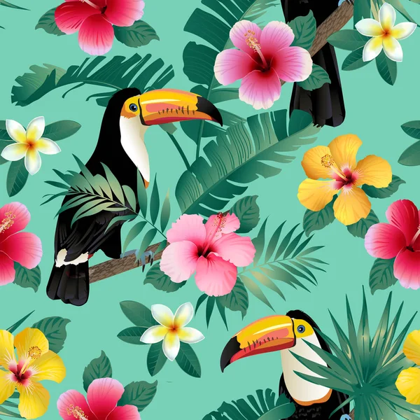 Tropical Flowers Leaves Tropical Birds Green Background Seamless Pattern — Stockvector