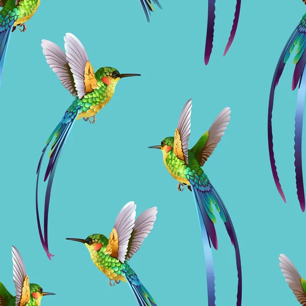 Varrás nélküli gyönyörű trópusi egzotikus dzsungel mintás háttérrel nyomtatni. A kék háttér kolibri — Stock Vector
