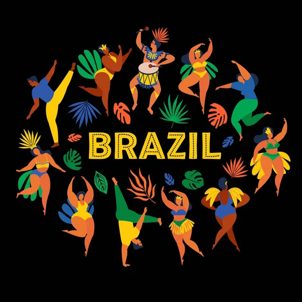 Carnaval Brasil Ilustração Vetorial Homens Mulheres Dançarinos Engraçados Trajes — Vetor de Stock