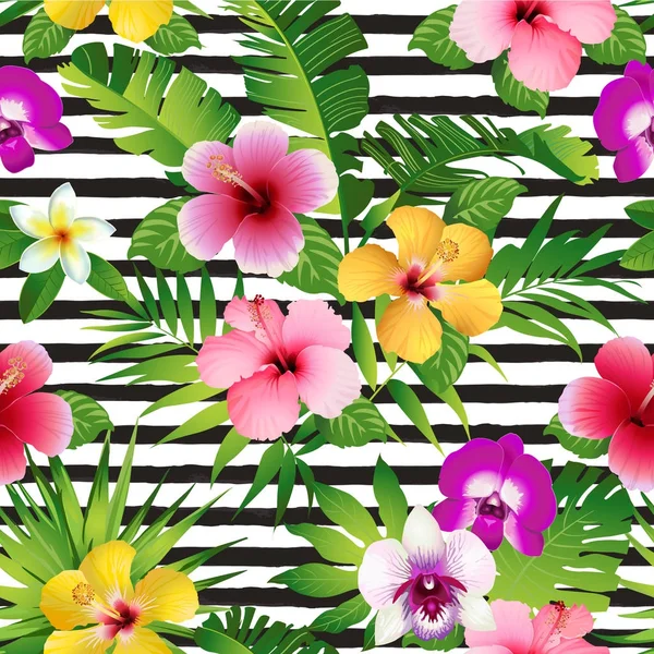 Flores Tropicales Hojas Sobre Fondo Rayado Sin Fisuras Vector — Vector de stock