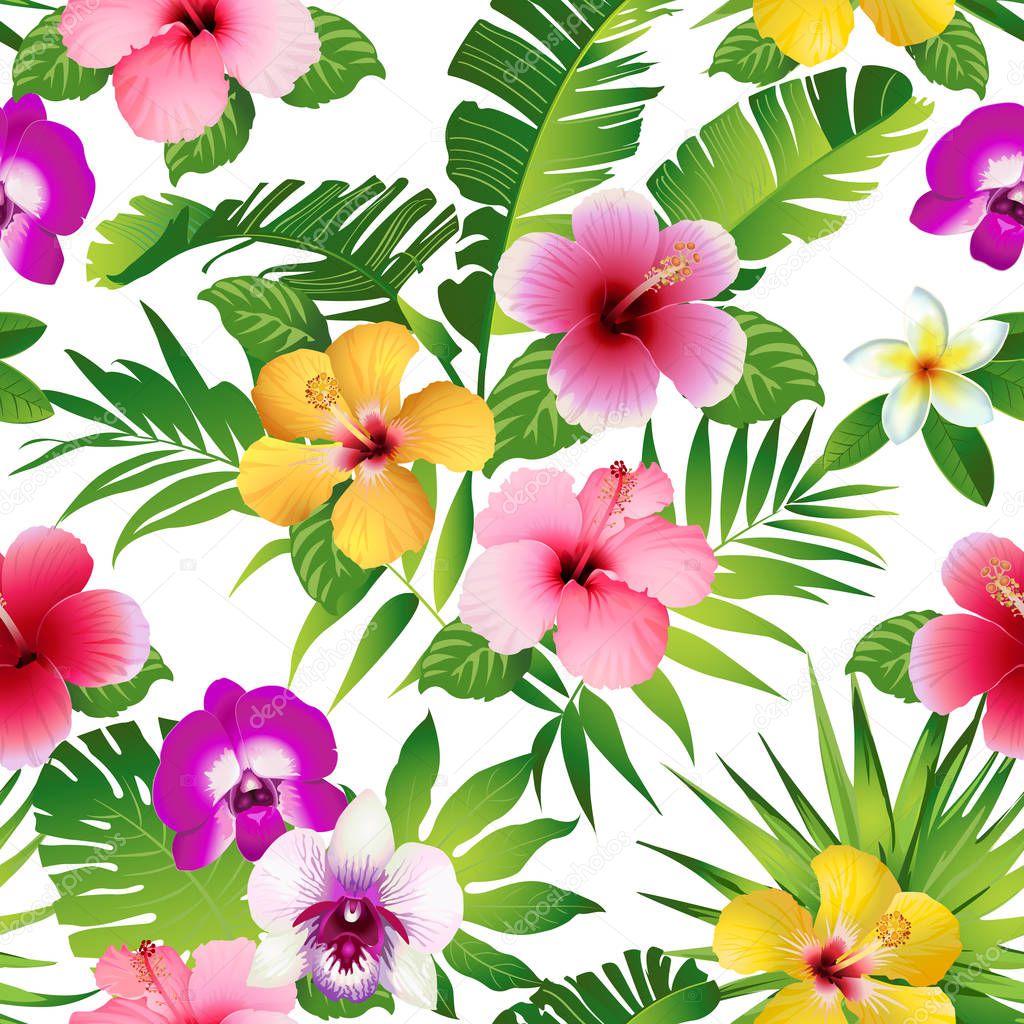 Tropical flowers and leaves on white background. Seamless. Vector.