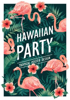 Hawai partisi. Vektör Illustration tropikal kuşlar, çiçekler, yapraklar. Vektör çizim.