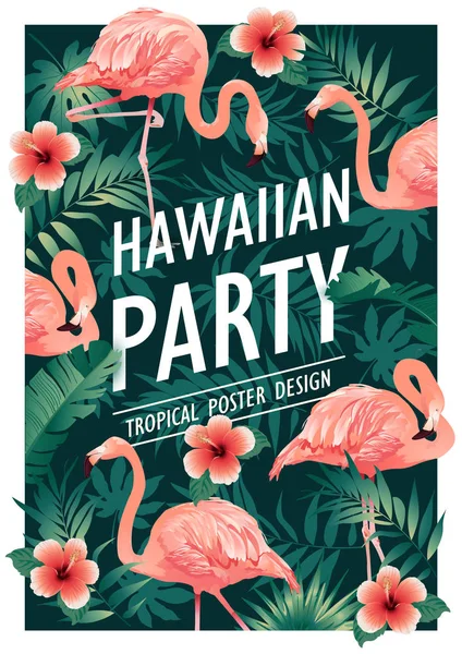 Hawajskie party. Ilustracja wektorowa tropikalnych ptaków, kwiatów, liści. Ilustracja wektorowa. — Wektor stockowy