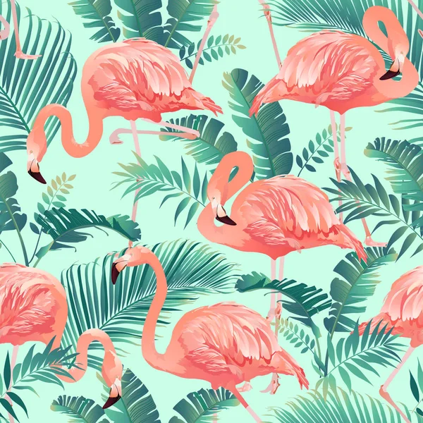 Flamant Rose Palmier Tropical Arrière Plan Vecteur Motif Sans Couture — Image vectorielle