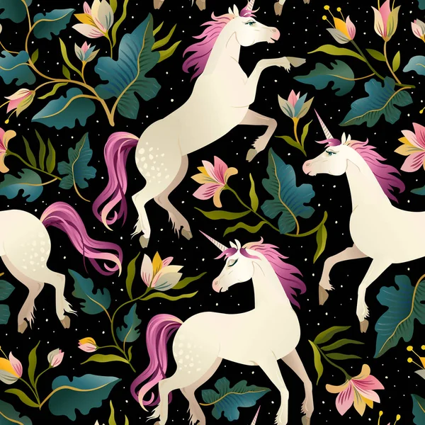 Seamless pattern with beautiful unicorns. Vector magic background for kids design. — Stock Vector