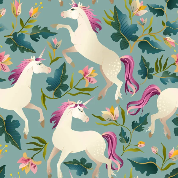 Hand dras vintage Unicorn i magiska skogen sömlösa mönster. Vektorillustration. — Stock vektor