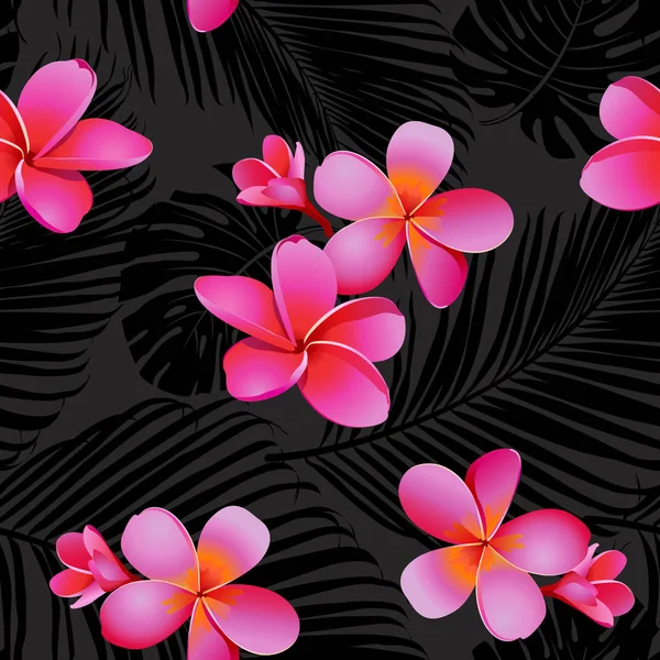 Tropical Coral Flowers Leaves Black Background Seamless Vector — Stock Vector