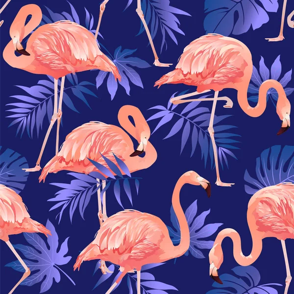 Flamingo Fågel Och Tropiska Blommor Sömlösa Mönster Vektorillustration — Stock vektor