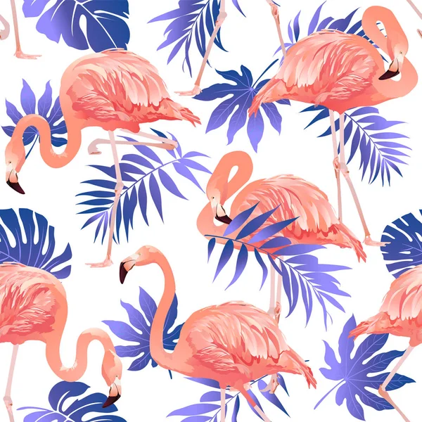 Flamingo Vogel Und Tropische Blumen Nahtloses Muster Vektorillustration — Stockvektor
