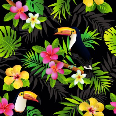 Dikişsiz desen arka plan vektör çizim tasarım tropikal toucan kuşlar ve palmiye yaprakları.