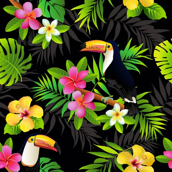 Diseño Ilustración Vectorial Aves Tucanas Tropicales Hojas Palma Fondo Patrón — Archivo Imágenes Vectoriales