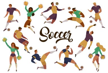 Futbol Futbol oyuncular ponpon kızlar taraftarları izole insan figürleri favori takım vektör çizim merch işaretleriyle ayarla.