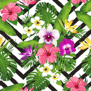 Tropik çiçekler ve palmiye yaprakları zikzak seamless modeli, vektör çizim