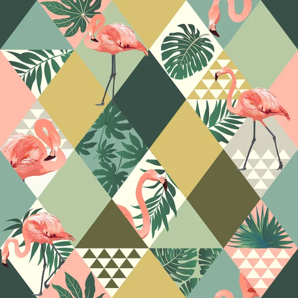 Naadloze Patroon Patchwork Met Tropische Bladeren Flamingo Vectorillustratie — Stockvector