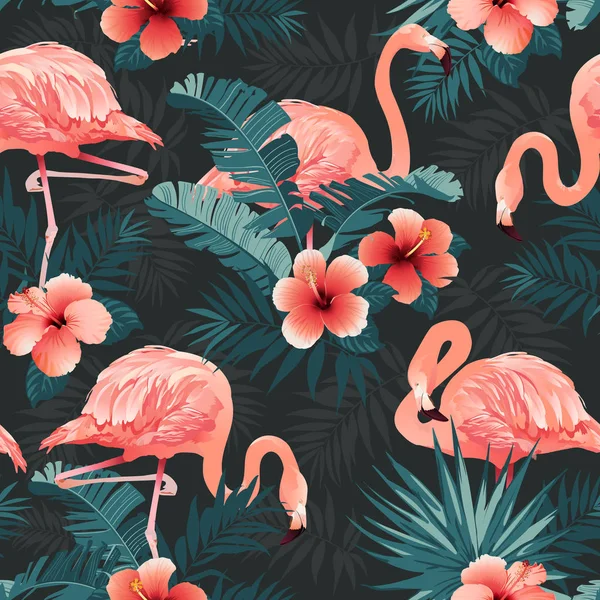 Piękny Flamingo Tropikalne Kwiaty Bezszwowe Wzór Ilustracji Wektorowych — Wektor stockowy