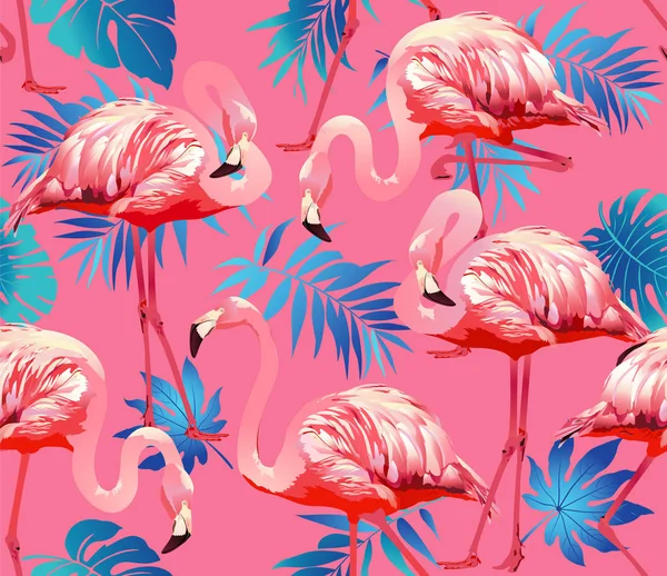 Красивый Фламинго Тропические Цветы Бесшовный Узор Векторная Иллюстрация — стоковый вектор