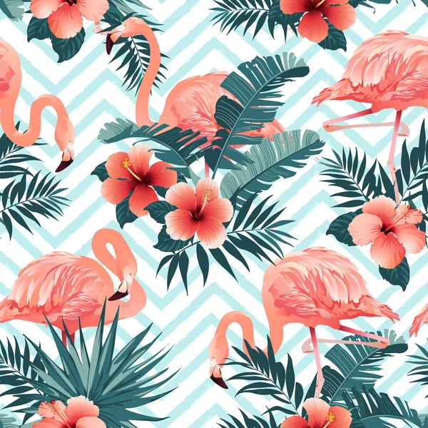 Flamingo Bonito Flores Tropicais Sem Costura Padrão Ilustração Vetorial — Vetor de Stock