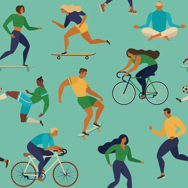 Patins Roulettes Course Vélo Marche Yoga Modèle Vectoriel Homogène Jeunes — Image vectorielle