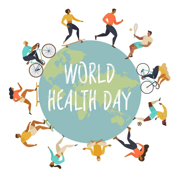 세계 건강 하루 의사의 이미지와 함께 7 일 4 월. 벡터 일러스트 레이 션. 활동적인 젊은 사람들. 건강 한 생활양식입니다. 롤러 스케이트, 달리기, 자전거, 실행, 산책, 요가. 화려한 디자인 요소. — 스톡 벡터