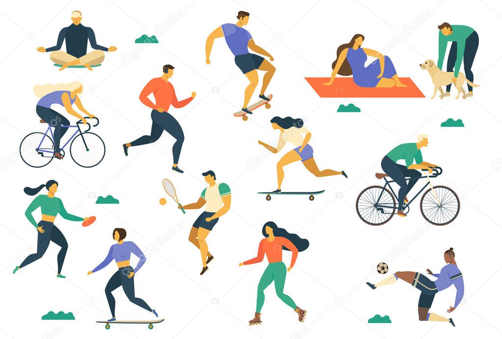 Set of active people doing different sports on white background