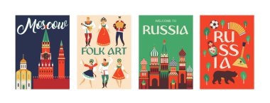 Rusya hoş geldiniz. Rus geleneksel halk sanatı. Poster. Düz tasarım vektör çizim.
